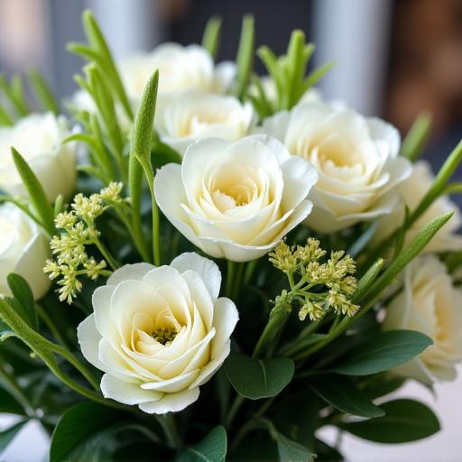 Dettaglio di un bouquet di fiori bianchi e verdi su misura per un cliente.